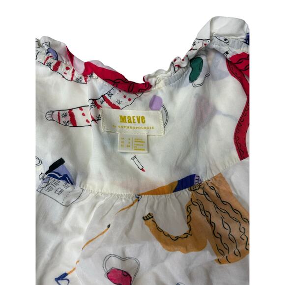 Anthropologie Maeve Marisol Ruffled Blouse Size 2 Winter Ski Print Button Front - Picture 4 of 6